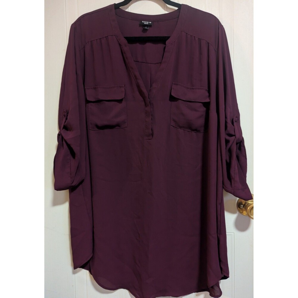 Torrid Harper Purple Solid Chiffon V-Neck 3/4 Sleeve Pullover Blouse Plus 2